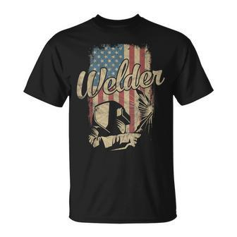 Welder American Flag Welding Gift Usa Patriotic Retro Helmet V2 Unisex T-Shirt - Seseable