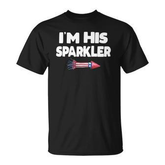 Womens Im His Sparkler Fireworks Couple Matching 4Th Of July Gift Unisex T-Shirt | Mazezy