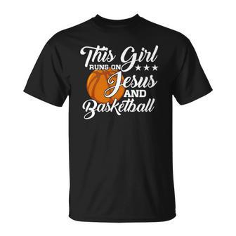 Womens This Girl Runs On Jesus And Basketball  Christian Gift Unisex T-Shirt
