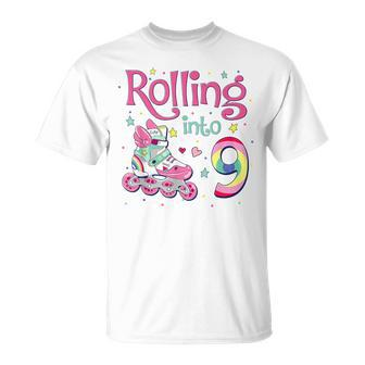 9Th Bday Rolling Into 9 Birthday Girl Roller Skate Party Unisex T-Shirt - Seseable