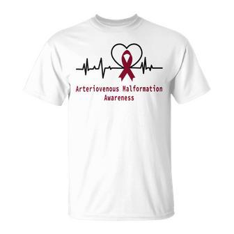 Arteriovenous Malformation Awareness Heartbeat Burgundy Ribbon Arteriovenous Malformation Support Arteriovenous Malformation Awareness Unisex T-Shirt | Favorety