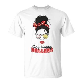 Baseball Busy Raising Ballers Momlife Mom Messy Bun Afro Mom Mothers Day Unisex T-Shirt | Favorety