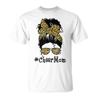 Cheer Mom Leopard Messy Bun Cheerleader Funny Mothers Day V2 Unisex T-Shirt - Seseable