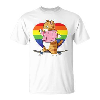 Cute Orange Tabby Cat Skateboarder Rainbow Heart Skater Unisex T-Shirt | Mazezy