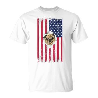 Cute Pug Face & American Flag – 4Th Of July Pug Dad Pug Mom Unisex T-Shirt - Seseable