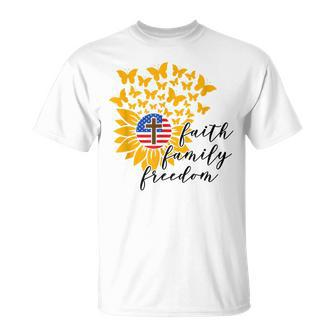 Faith Family Freedom Christian Patriot Sunflower 4Th Of July Unisex T-Shirt - Seseable