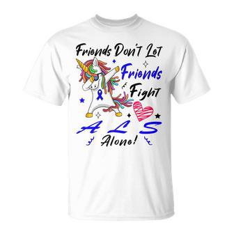 Friends Dont Let Friends Fight Als Alone Unicorn Blue Ribbon Amyotrophic Lateral Sclerosis Support Als Awareness Unisex T-Shirt | Favorety UK