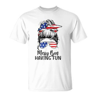 Funny Messy Bun Having Fun American Flag Merica 4Th Of July Unisex T-Shirt | Mazezy