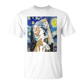 Girl With A Pearl Earring Starry Night - Painting Mashup Art Unisex T-Shirt | Mazezy
