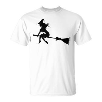 Halloween Young Scary Witch On Broom Pattern Unisex T-Shirt | Favorety UK