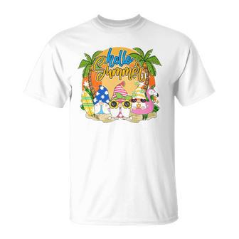 Hello Summer Vacation Garden Gnomes Beach Vibes Womens Unisex T-Shirt | Mazezy