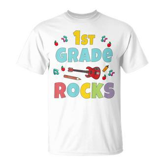 Kids 1St Grade Rocks 1St Day Of School Back To School Guitar Cute Unisex T-Shirt - Seseable