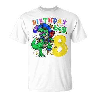 Kids 8Th Birthday Pirate Dinosaur Birthday Boy 8 Years Old Unisex T-Shirt - Seseable