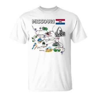 Map Of Missouri Landmarks Major Cities Roads Flag Unisex T-Shirt | Mazezy