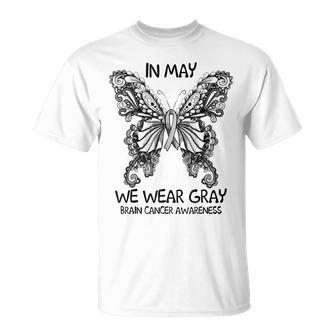 In May We Wear Gray Brain Cancer Awareness Butterfly T-shirt - Thegiftio UK