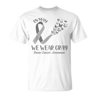 In May We Wear Gray Brain Cancer Awareness Ribbon Butterfly T-shirt - Thegiftio UK