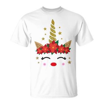 New Christmas Unicorn Face Santicorn Poinsettia Crown Cute Unisex T-Shirt | Favorety CA