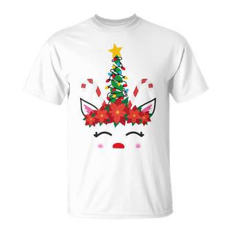 New Christmas Unicorn Face Santicorn Poinsettia Crown Cute V2 Unisex T-Shirt | Favorety UK