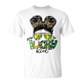 One Lucky Kid Messy Bun Shamrock St Patricks Day Unisex T-Shirt | Favorety UK