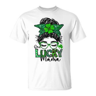 One Lucky Mama Messy Bun Shamrock St Patricks Day Unisex T-Shirt | Favorety