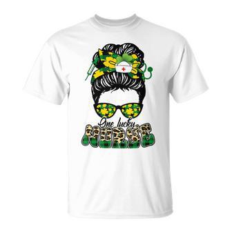 One Lucky Nurse Irish Leopard Messy Bun St Patricks Day Unisex T-Shirt | Favorety CA