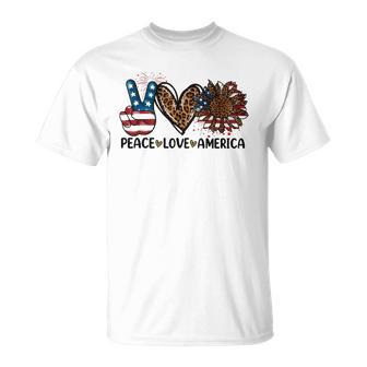 Peace Love America Sunflower Leopard Usa Flag 4Th Of July Unisex T-Shirt | Mazezy UK