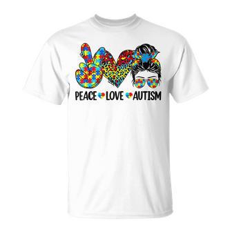 Peace Love Autism Mom Life Messy Bun Blue Autism Awareness Unisex T-Shirt | Favorety UK