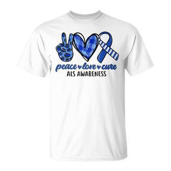 Peace Love Cure Blue & White Ribbon Als Awareness Month V2 Unisex T-Shirt - Seseable