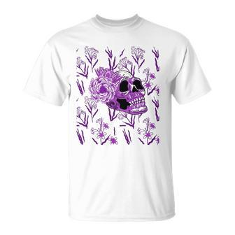 Purple Skull Flower Cool Floral Scary Halloween Gothic Theme T-shirt - Thegiftio UK