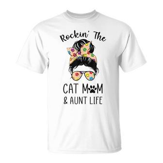 Rockin The Cat Mom & Aunt Life Messy Bun Hair Glasses T-shirt - Thegiftio UK