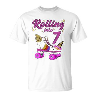 Rolling Into 7Th Birthday Unicorn Roller Skate Party Unisex T-Shirt | Mazezy