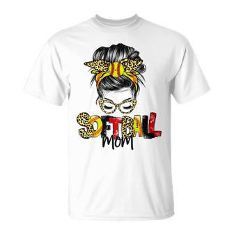 Softball Mom Leopard Messy Bun Ball Mom Mothers Day Unisex T-Shirt | Favorety UK