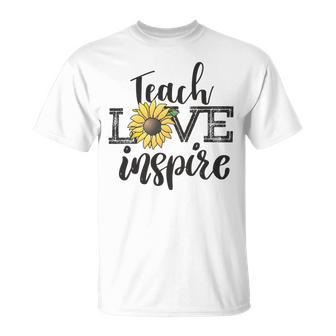 Teach Love Inspire Sunflower Teacher Inspirational Quotes Cute Lettering Unisex T-Shirt | Favorety CA