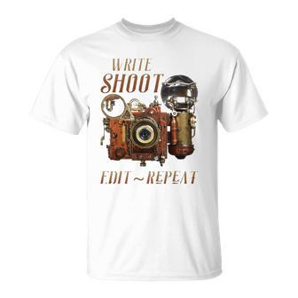 Write Shoot Edit Repeat Steampunk Flash Filmmaker Unisex T-Shirt | Mazezy