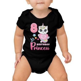 Birthday Girl 8 Years Old Cute Cat Unicorn With Pink Heart Baby Onesie | Mazezy
