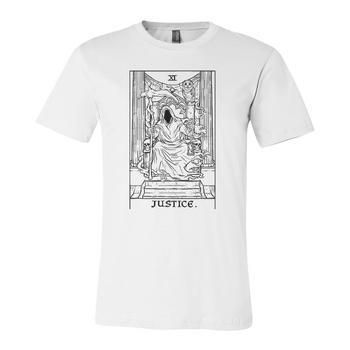 Justice Tarot Card Grim Reaper Halloween Horror Occult Goth Men's Back Print T-shirt | Mazezy Justice Tarot Card Grim Reaper Halloween Horror Occult Goth Men's Back Print T-shirt | Mazezy