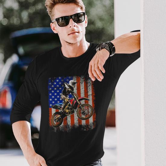 Dirt Bike American Flag Motocross Biker 4Th Of July Long Sleeve T-Shirt  T-Shirt | Mazezy