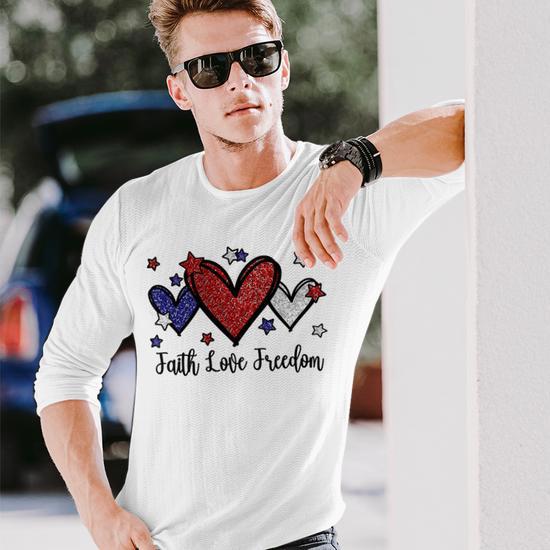 Patriotic 4Th Of July American Flag Heart Faith Love Freedom T Shirt Long Sleeve T Shirt Seseable CA