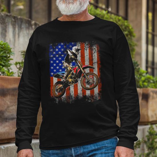 Dirt Bike American Flag Motocross Biker 4Th Of July Long Sleeve T-Shirt  T-Shirt | Mazezy