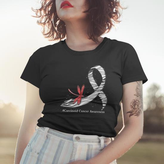 Hippie Dragonfly Zebra Ribbon Carcinoid Cancer Awareness Women's T-Shirt - Back View