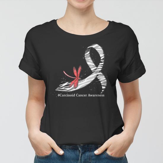 Hippie Dragonfly Zebra Ribbon Carcinoid Cancer Awareness Women's T-Shirt - Detail View