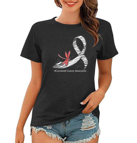 Hippie Dragonfly Zebra Ribbon Carcinoid Cancer Awareness Women's T-Shirt - Front View