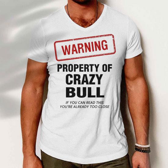 Bull Name Gift Warning Property of Crazy Bull Men's V-Neck T-Shirt - Close View