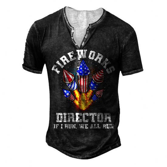 4th of July Fireworks Director Men's Henley Button Down 3D Print T-Shirt