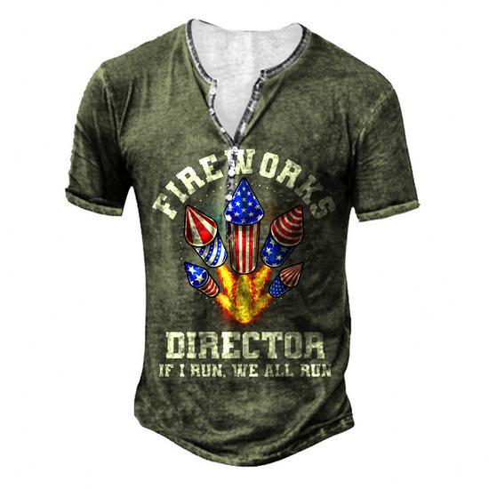 4th of July Fireworks Director Men's Henley Button Down T-Shirt - Back View