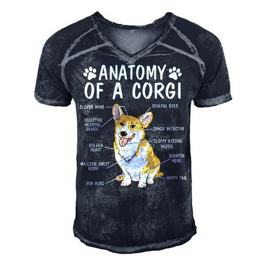 Anatomy of a Corgi Funny Cute Dog Men's Short Sleeve V-Neck Retro T-Shirt - Collar View