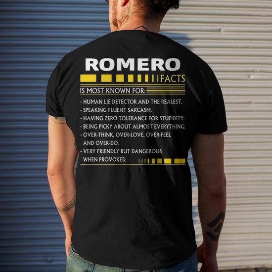 Romero Name Gift Romero Facts Men's Crewneck Short Sleeve Back Print T-Shirt - Side View