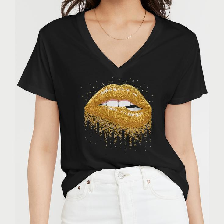Cool Lips Bite Kiss Me -Gold Sparkle- Sexy Lips Gift Women V-Neck T-Shirt