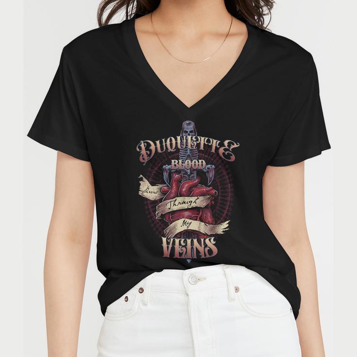 Duquette Blood Runs Through My Veins Name Women V-Neck T-Shirt