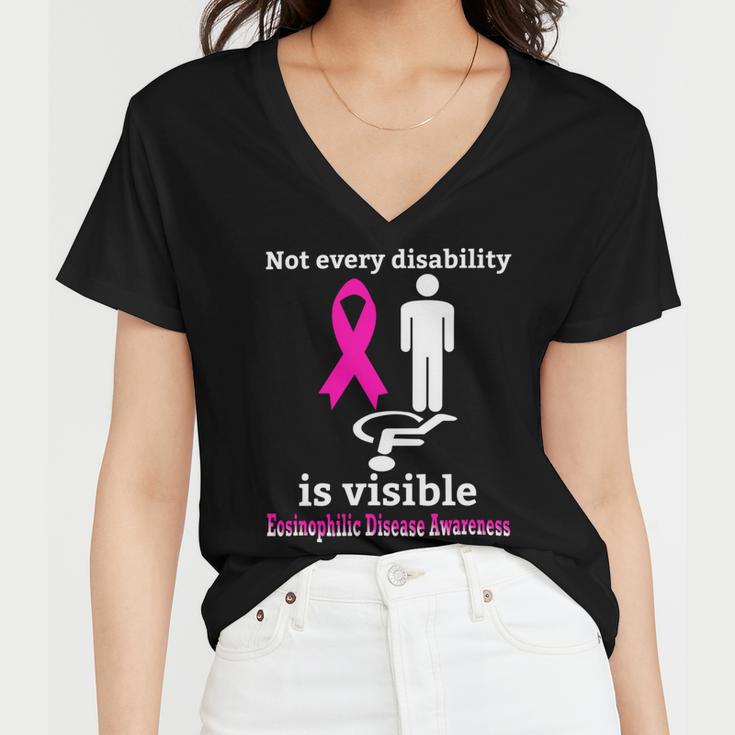 Every Disability Is Visible Eosinophilic Disease Awareness Pink Ribbon Eosinophilic Disease Eosinophilic Disease Awareness Women V-Neck T-Shirt